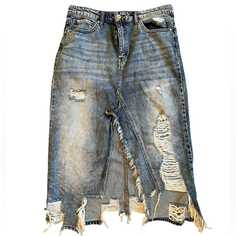 Distressed Denim Pencil Skirt